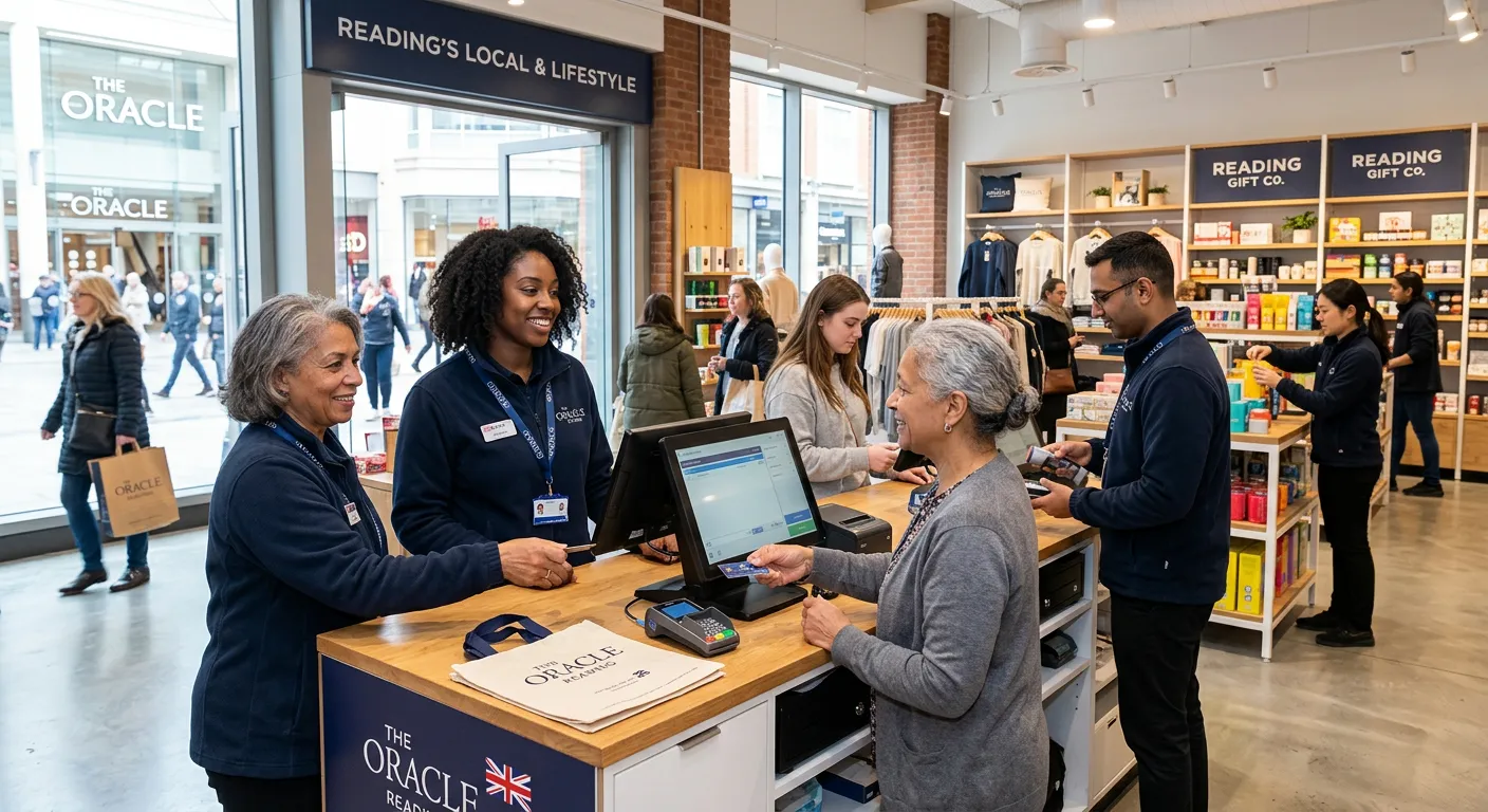 A professional, welcoming image of a diverse retail team in a modern shop in Reading, possibly The O... A professional, welcoming image of a diverse retail team in a modern shop in Reading, possibly The Oracle or Broad Street Mall, assisting customers and working at the till. Bright, clean, and energetic atmosphere.