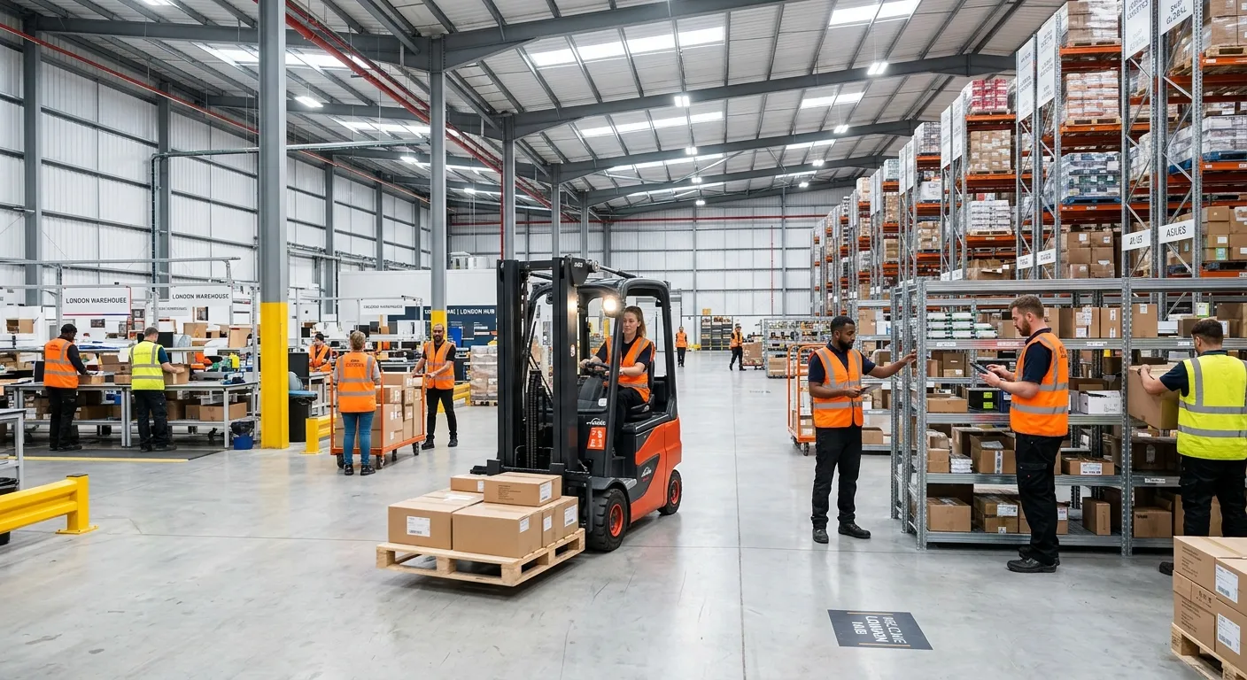 A modern, bustling warehouse in London, with workers in high-visibility vests operating forklifts and managing inventory in a clean, well-lit environment. Style should be professional, bright, and convey a sense of opportunity and activity.
