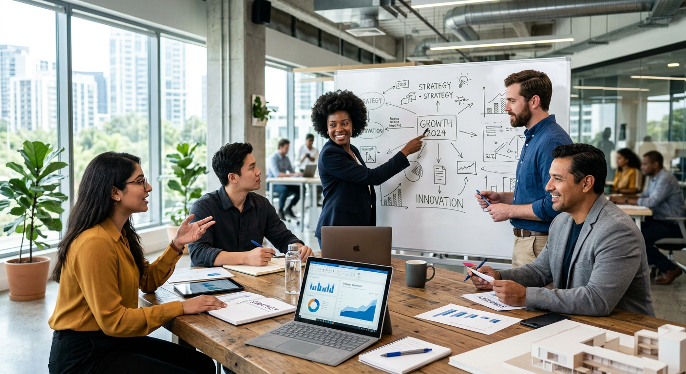 A modern, diverse team of professionals collaborating in a bright, open-plan office. The image should convey innovation, teamwork, and strategic growth. Style: Professional business photography with a focus on people and technology. Mood: Dynamic, confident, and forward-thinking.