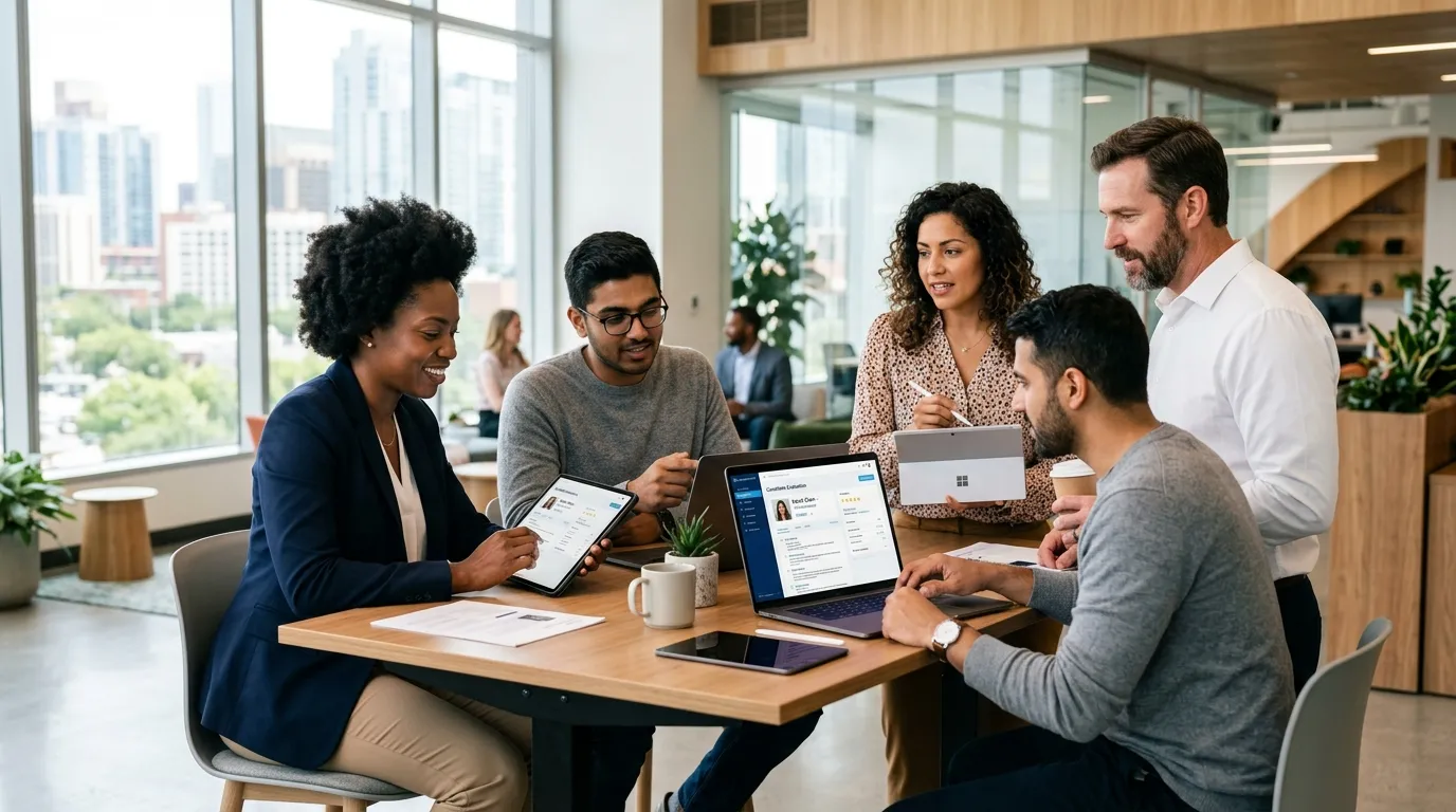 A modern, professional hero image showing a diverse HR team collaboratively reviewing candidate profiles on digital tablets and laptops in a bright, airy office. The mood is focused, efficient, and tech-forward.