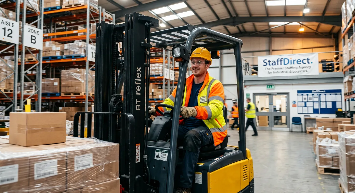 Professional, dynamic image of a certified forklift driver operating a counterbalance truck in a mod... Professional, dynamic image of a certified forklift driver operating a counterbalance truck in a modern, well-organised Croydon warehouse, wearing high-vis and safety gear, with the StaffDirect logo subtly visible in the background