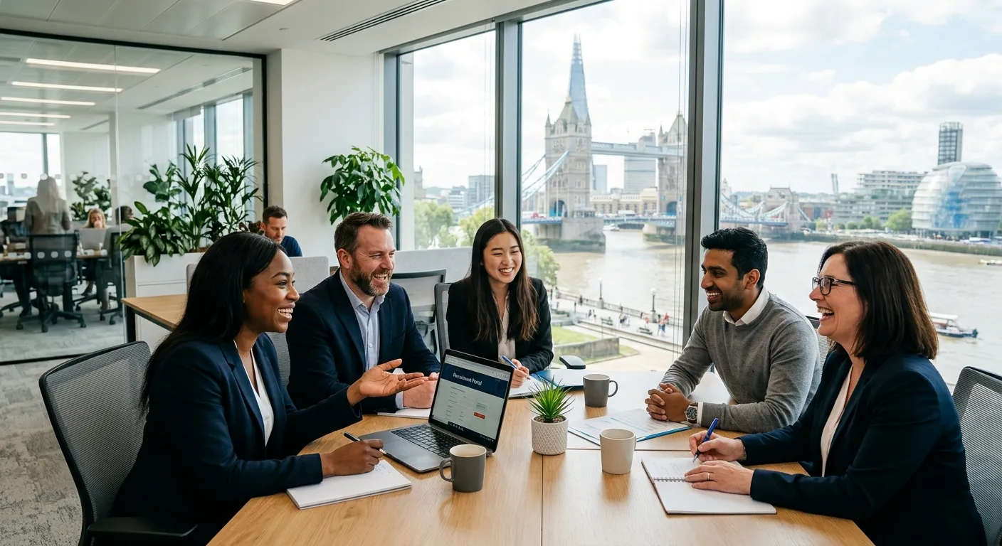 A professional, diverse group of recruitment consultants and candidates in a modern London office setting, smiling and collaborating. The image should convey energy, professionalism, and local London landmarks visible through the window.