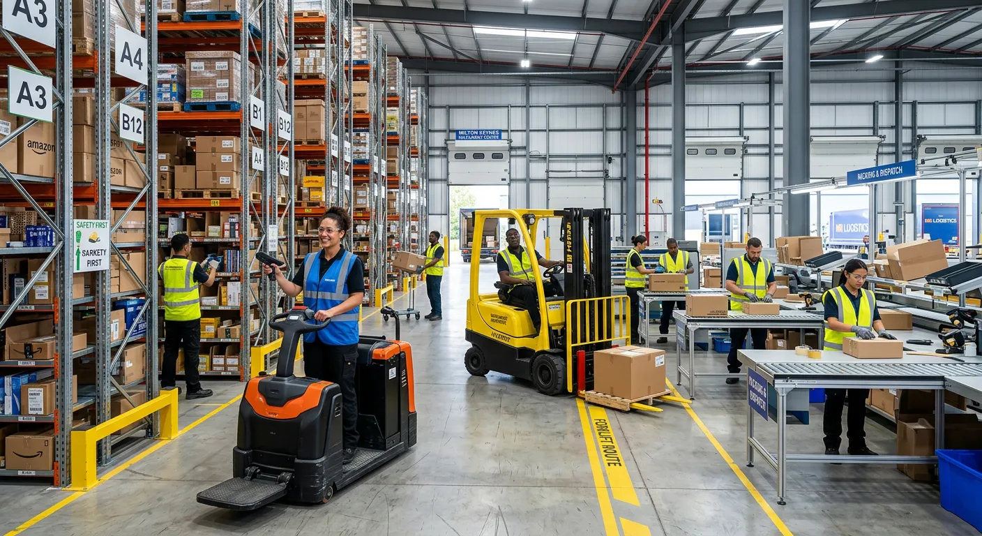 Professional hero image showing a modern, bustling warehouse environment in Milton Keynes. A diverse group of warehouse operatives working efficiently with goods, forklifts, and packing stations. Bright, clean, and energetic mood.