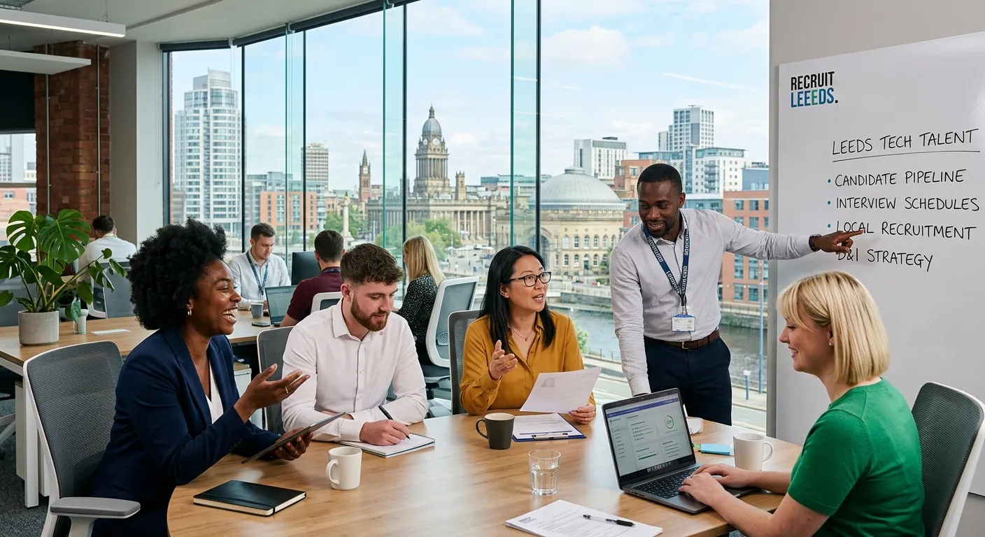 A diverse group of professional recruiters and HR professionals collaborating in a modern, bright office in Leeds, with the Leeds skyline visible through the window. Style: professional, energetic, and local.