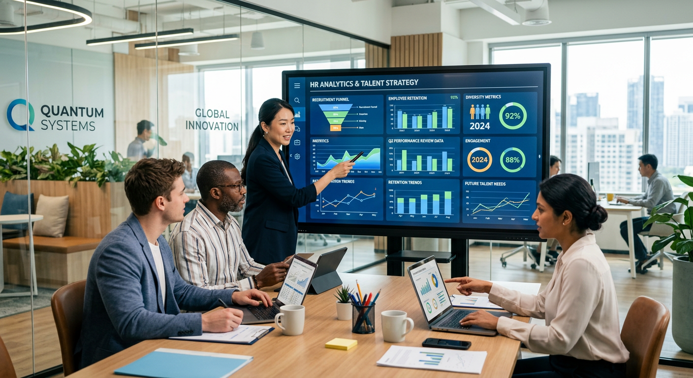 Modern, professional hero image showing a diverse HR team collaborating in a bright office, analyzing data on multiple digital screens. Focus on technology, strategy, and human collaboration. Mood: innovative, efficient, and forward-thinking.