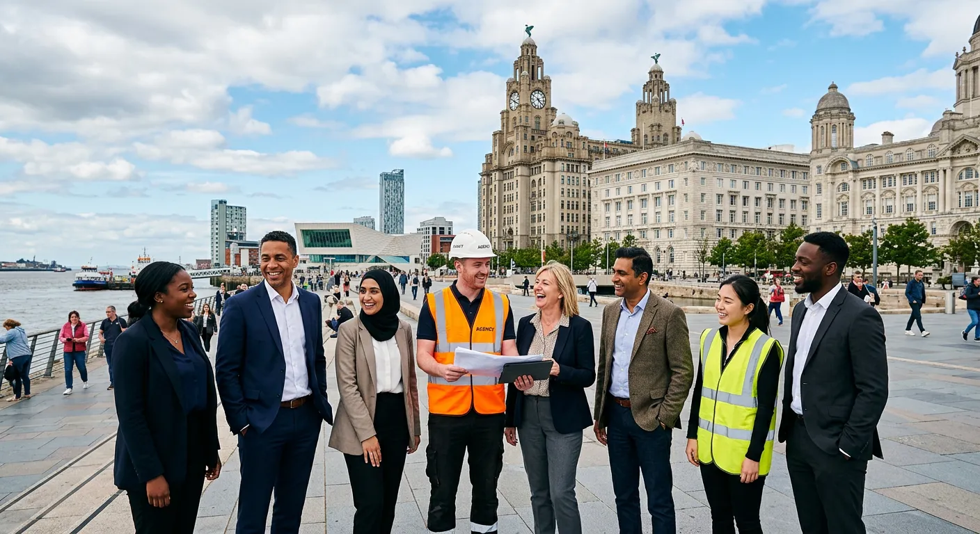 Professional, vibrant hero image showing a diverse group of people in a modern Liverpool cityscape setting, some in smart-casual office attire, others in hi-vis, representing various agency roles, with the iconic Liver Building or waterfront in the background. Style: authentic, energetic, inclusive.