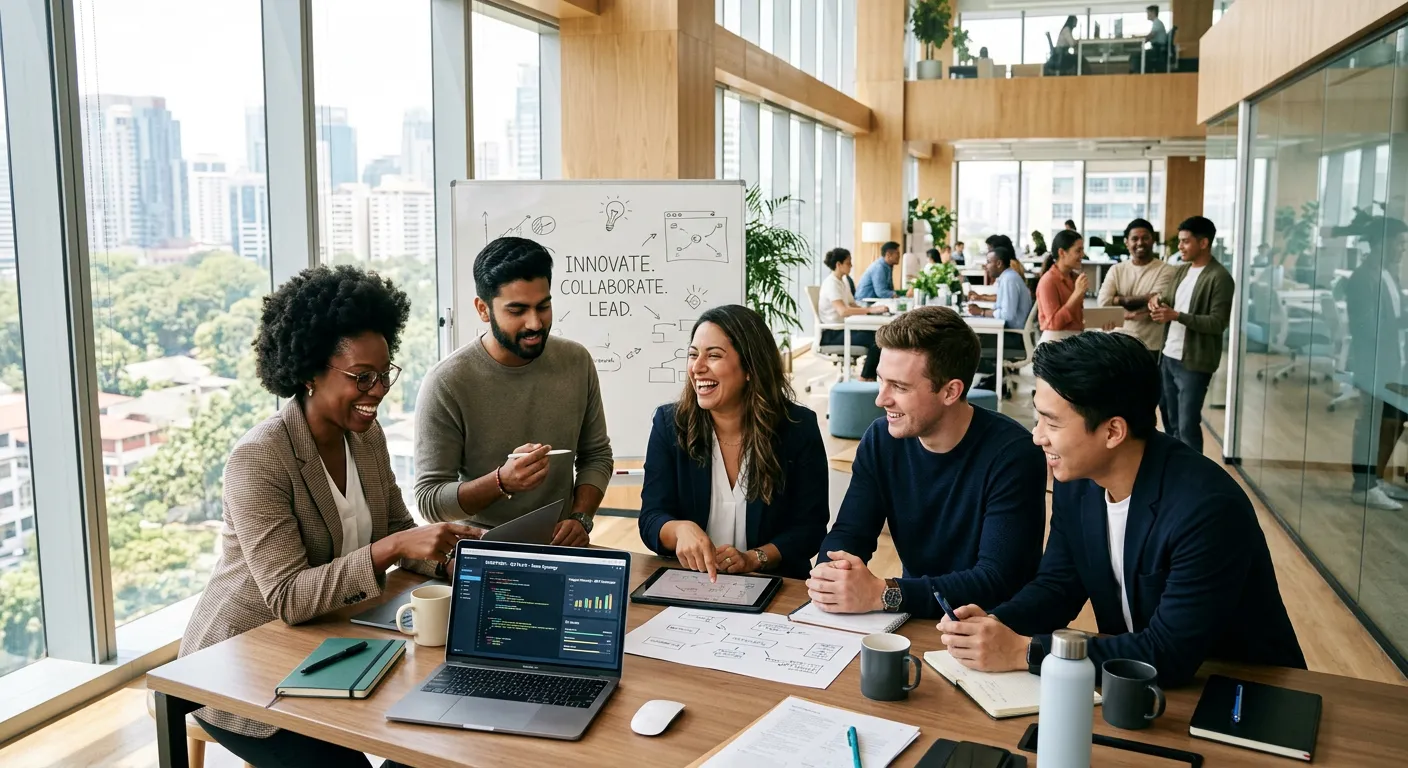 A modern, diverse group of professionals collaborating in a bright, sunlit office. Style is professional, optimistic, and forward-looking, with a focus on teamwork and technology. Mood is energetic and successful.