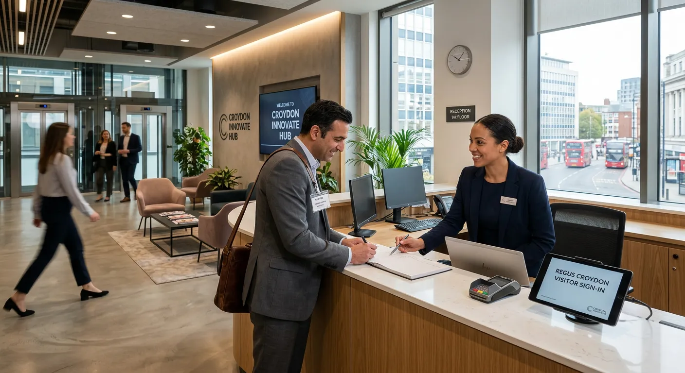 A professional, welcoming reception area in a modern Croydon office building, with a friendly receptionist assisting a visitor, conveying a professional and efficient atmosphere.