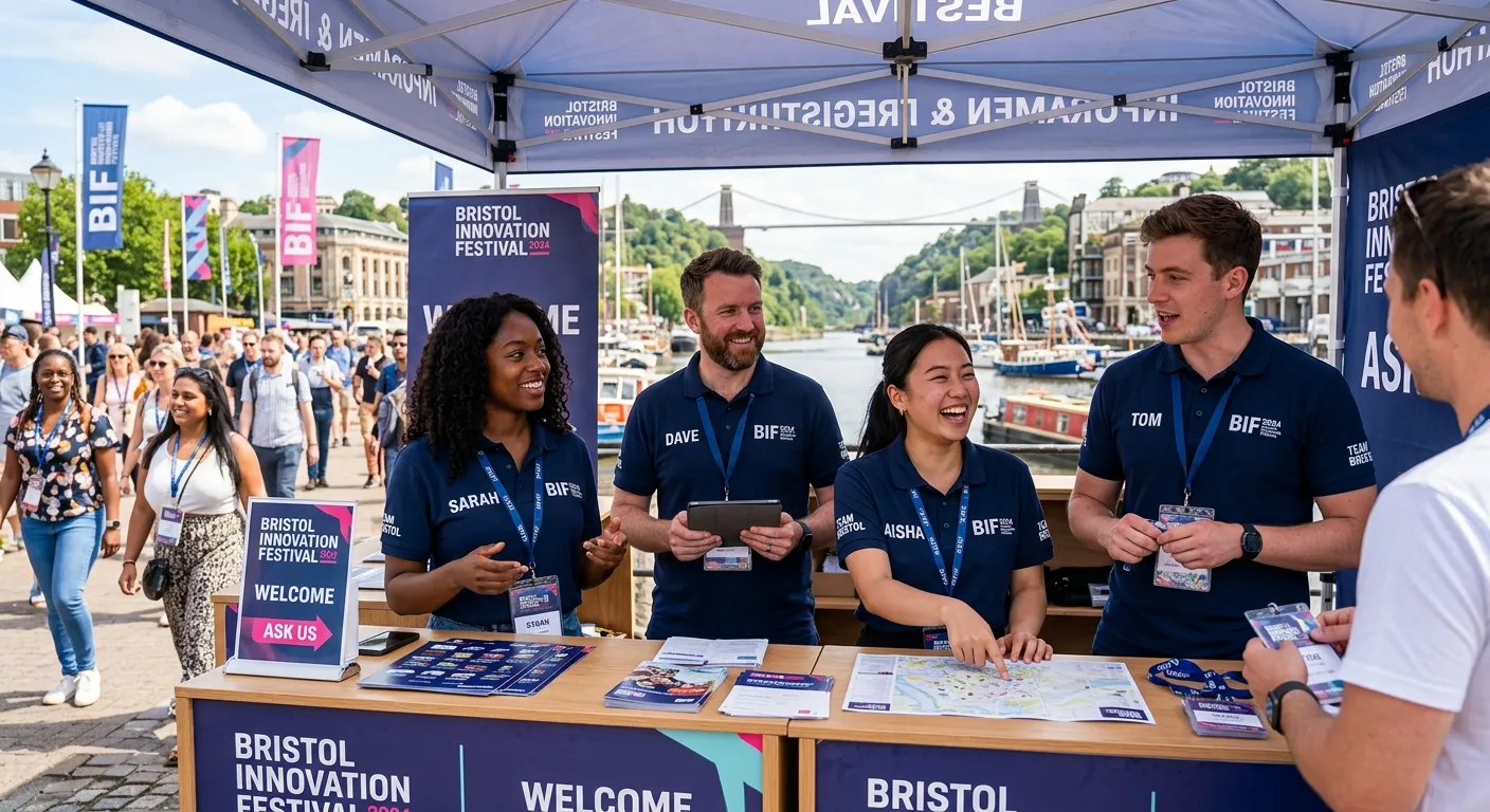A professional, energetic photo of a diverse team of event staff working at a successful conference or festival in Bristol. They are smiling, engaged, and dressed in branded attire, with the Bristol harbourside or Clifton Suspension Bridge subtly visible in the background. Style: professional, vibrant, and trustworthy.