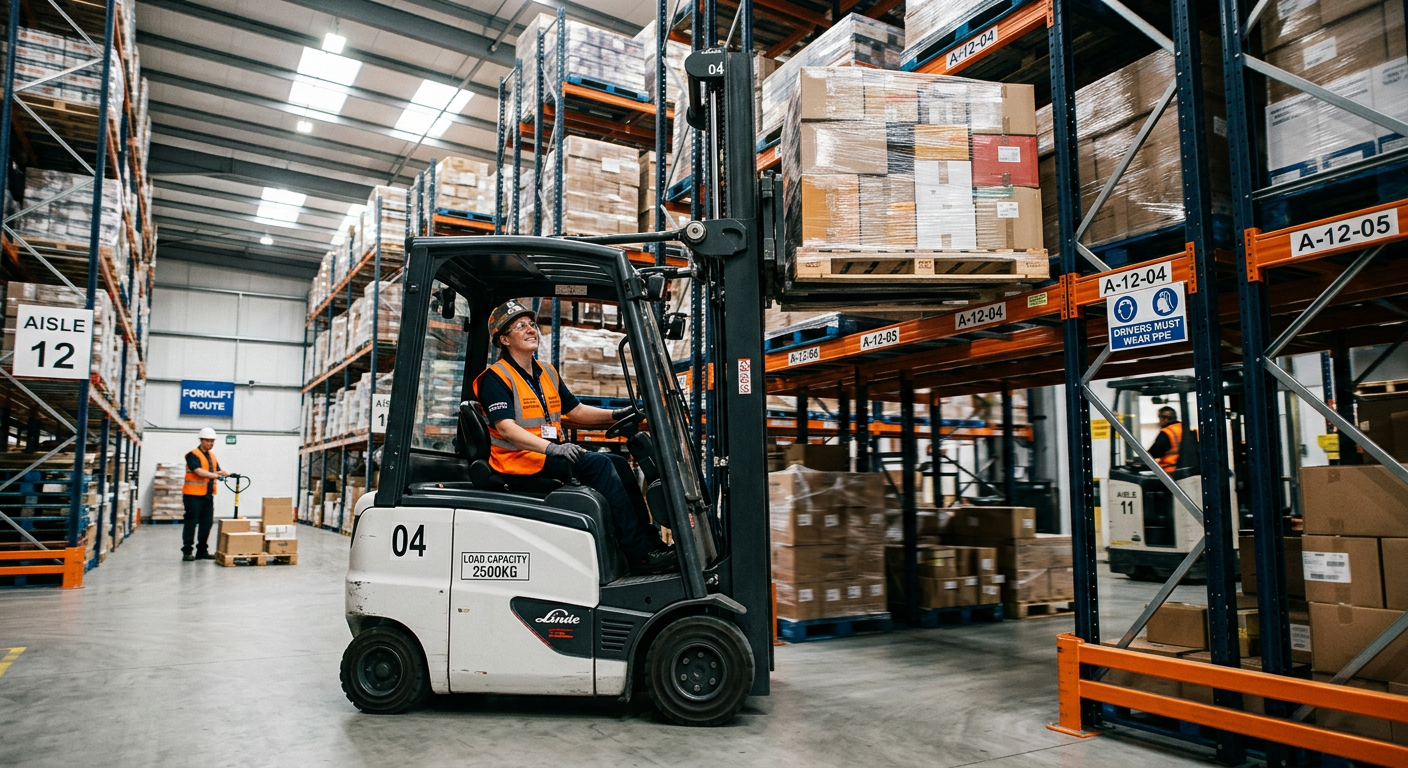 A professional, dynamic photograph of a certified forklift driver in a modern, well-organized Croydon warehouse, safely maneuvering a pallet in a high-bay racking aisle. The image should convey competence, safety, and a busy industrial environment.