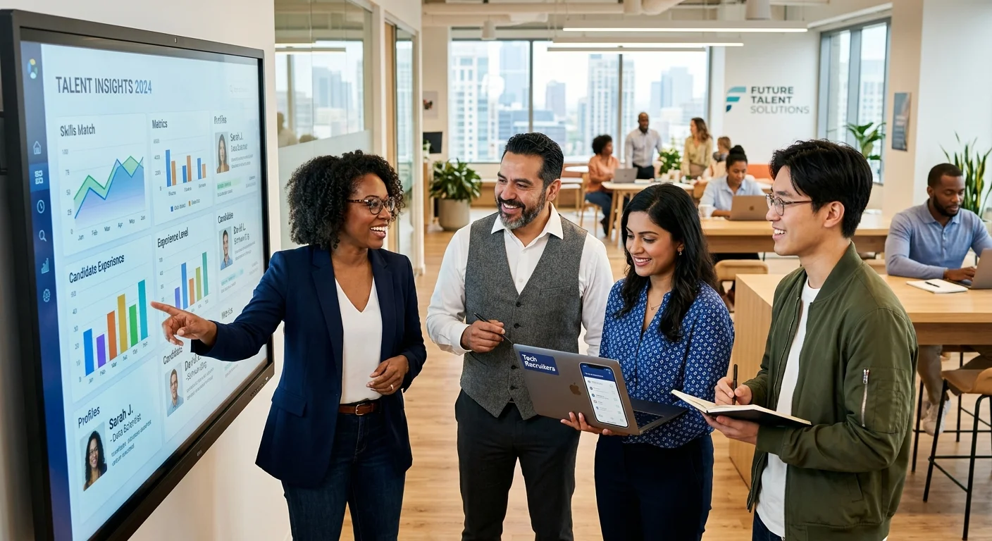 A modern, dynamic office scene with a diverse team collaborating around a digital screen showing data analytics and candidate profiles. Style is professional, vibrant, and forward-looking, with a focus on technology and human connection.