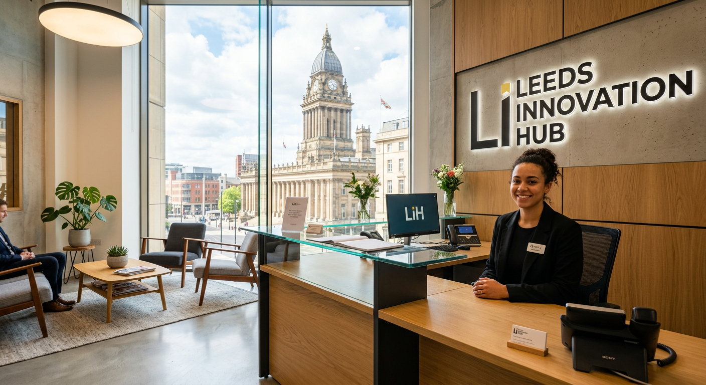 A modern, welcoming reception area in a Leeds city centre office building, featuring a professional, friendly receptionist smiling at the camera. The style is bright, professional, and inviting, with Leeds Town Hall or a similar landmark visible through a window.