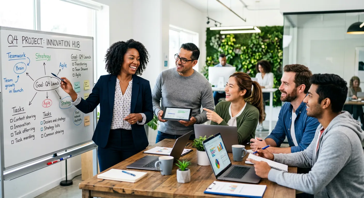 A diverse group of professional, engaged employees collaborating in a modern, bright office environment, with a focus on teamwork and positive energy. Style: professional stock photo, high contrast, vibrant.