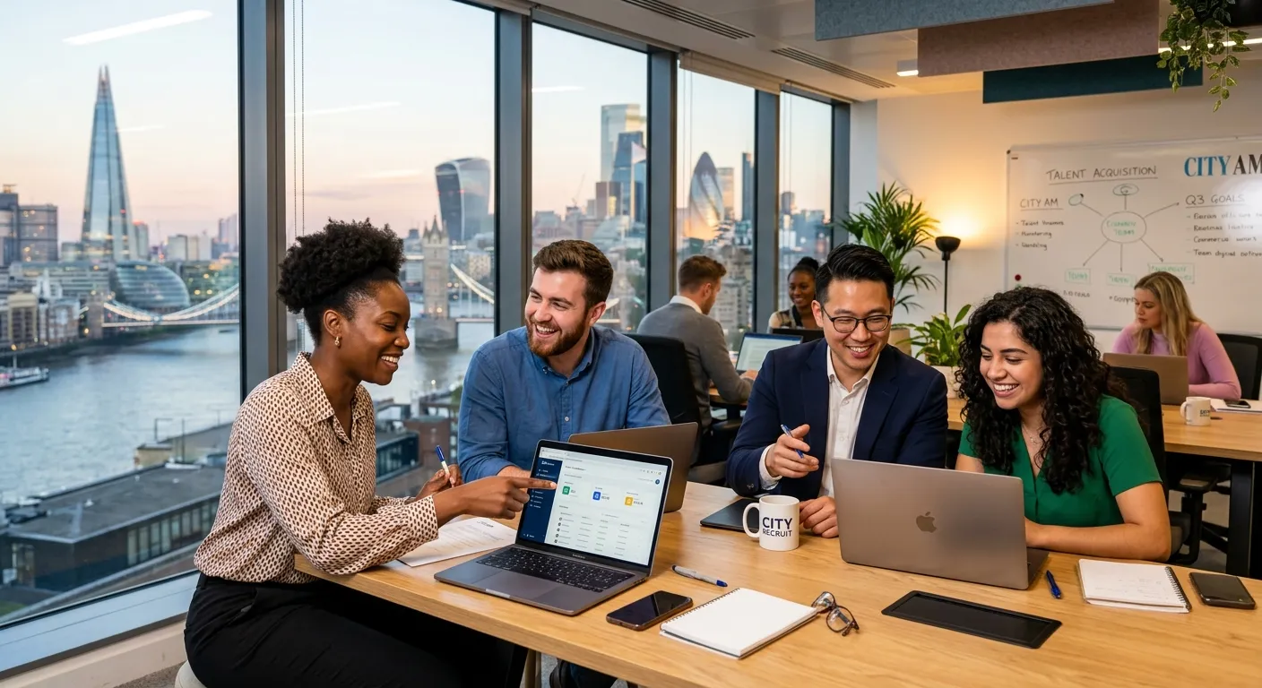 A dynamic, professional hero image showing a diverse group of recruitment consultants in a modern London office, collaborating over laptops and smiling. The style is bright, energetic, and professional, with the London skyline visible through the window.
