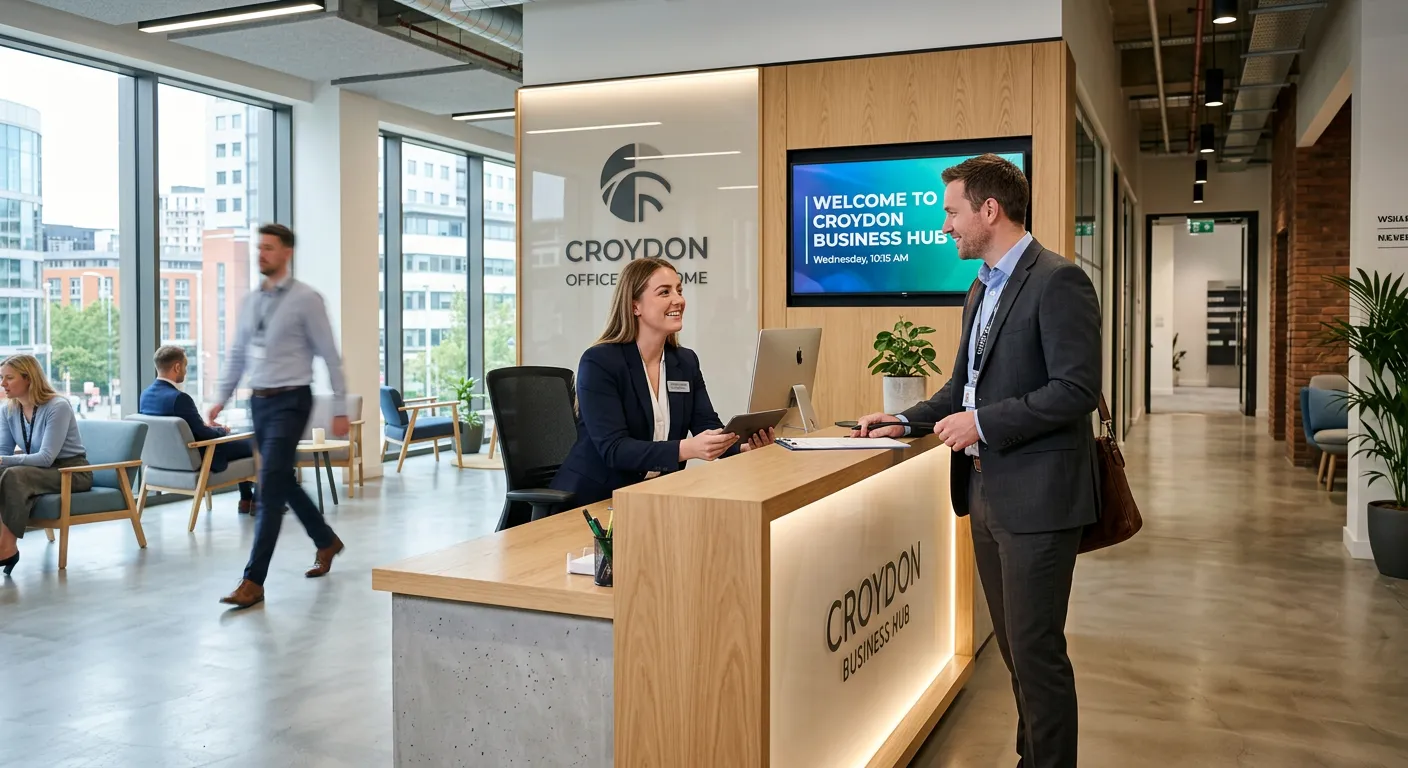 Professional, welcoming image of a modern reception desk in a Croydon office building. A friendly receptionist in smart attire is assisting a visitor. The mood is efficient, bright, and professional.