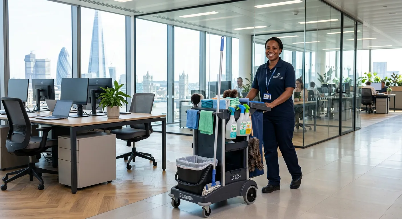 A professional, welcoming photo of a cleaner in a modern commercial office environment in London, smiling while using a high-quality cleaning trolley. Image should convey professionalism, cleanliness, and opportunity.