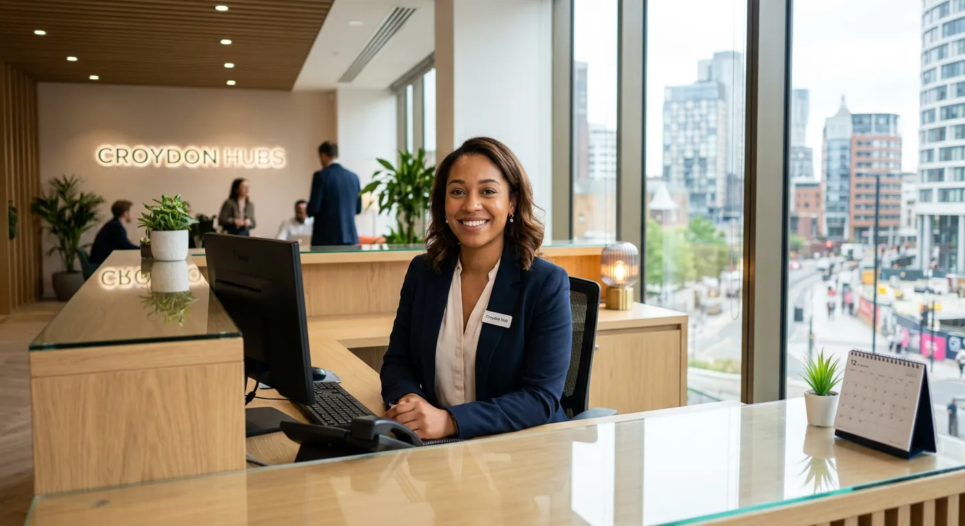 Professional, welcoming receptionist in a modern Croydon office building, smiling at the camera, with a clean reception desk and cityscape backdrop. Style: Bright, professional, inviting.
