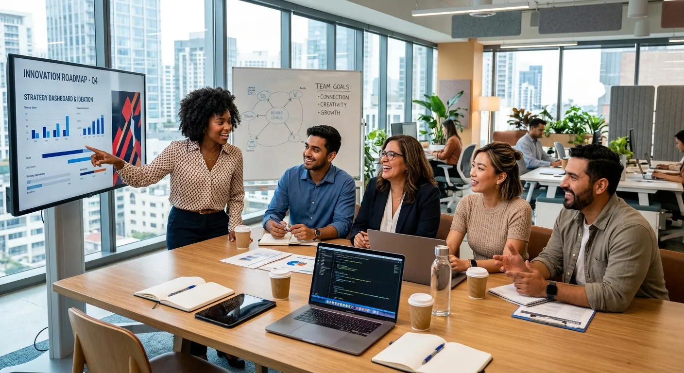 A modern, diverse team collaborating in a bright, open-plan office. Style is professional and aspirational, with a focus on connection and innovation. Mood is confident and forward-looking.