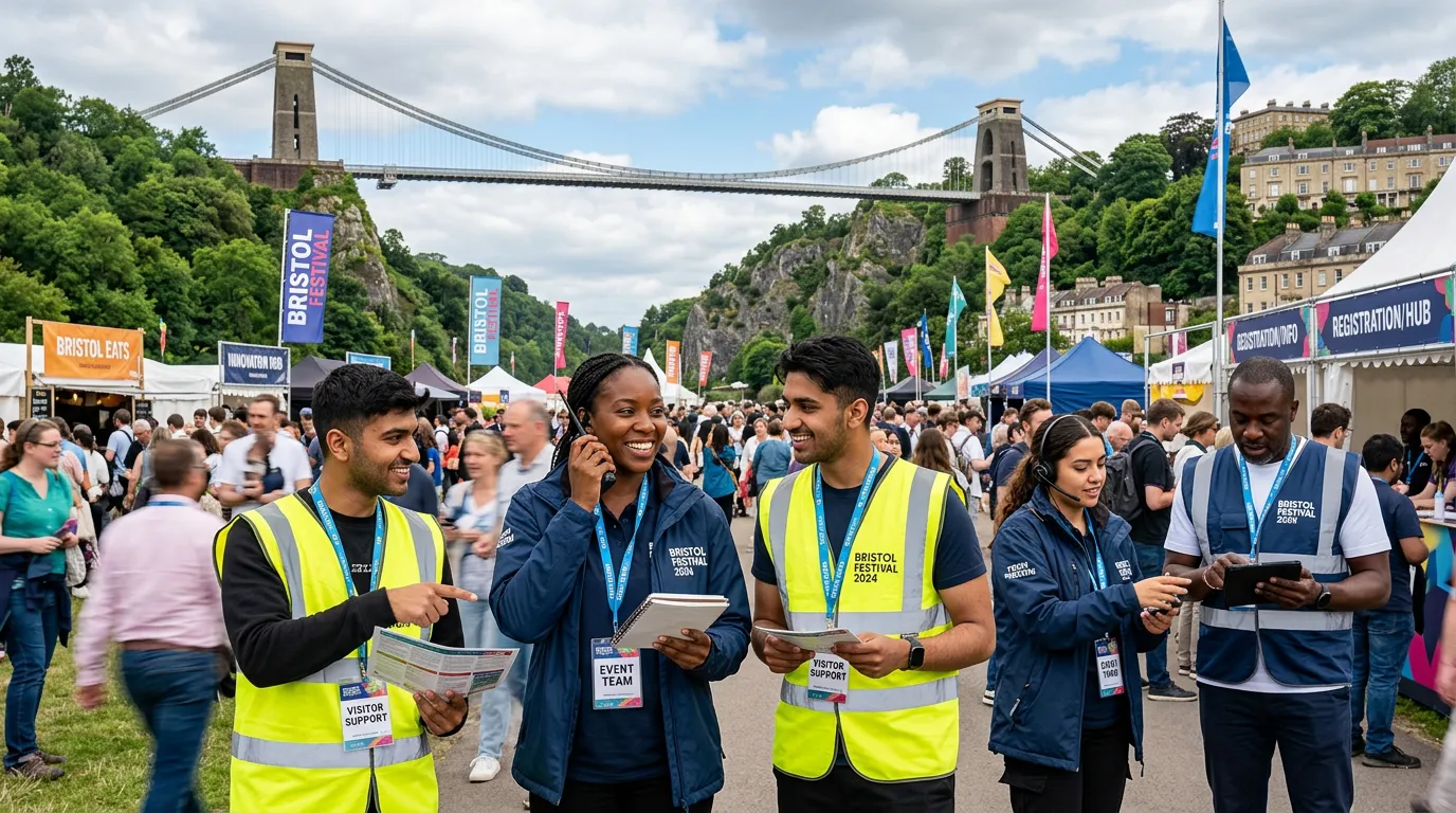 A dynamic, professional hero image showing a diverse team of event staff working together at a bustling conference or festival in Bristol, with the Clifton Suspension Bridge visible in the background. Style: vibrant, energetic, professional.