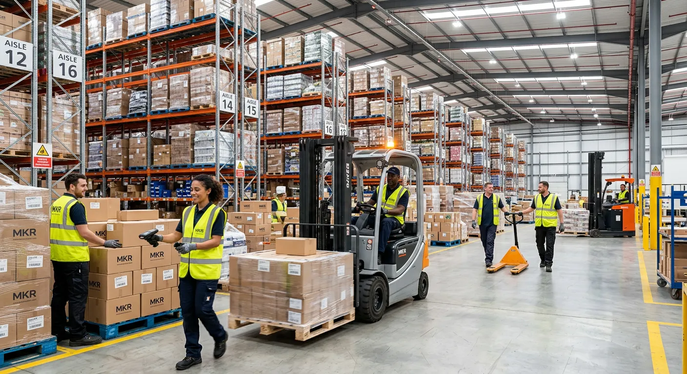 A dynamic, high-energy shot inside a modern, well-organised warehouse in Milton Keynes. A diverse team of operatives is efficiently managing inventory with forklifts and scanners in the background. The style is professional, bright, and conveys productivity and scale.