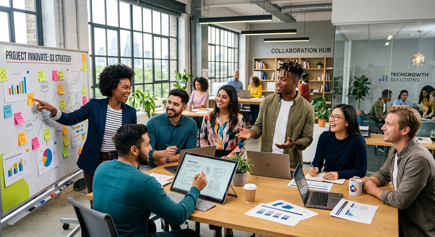 A modern, diverse team of professionals collaborating in a bright, open-plan office. Style: Professional, inclusive, dynamic. Mood: Optimistic, forward-thinking, and productive.