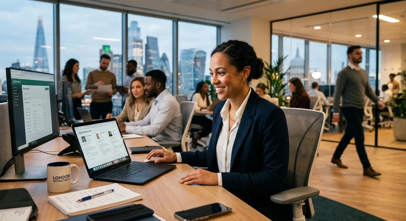 A professional, confident-looking Internal Recruiter in a modern London office setting, reviewing CV... A professional, confident-looking Internal Recruiter in a modern London office setting, reviewing CVs on a laptop. The image should convey energy, professionalism, and the dynamic London business environment.