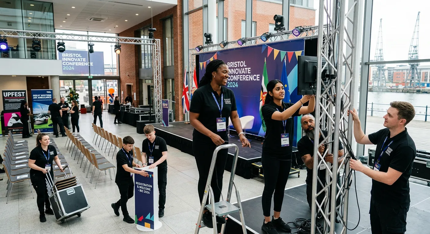 A dynamic, professional photo of a diverse team of event staff setting up a modern conference venue in Bristol, showcasing teamwork and a vibrant, energetic atmosphere.