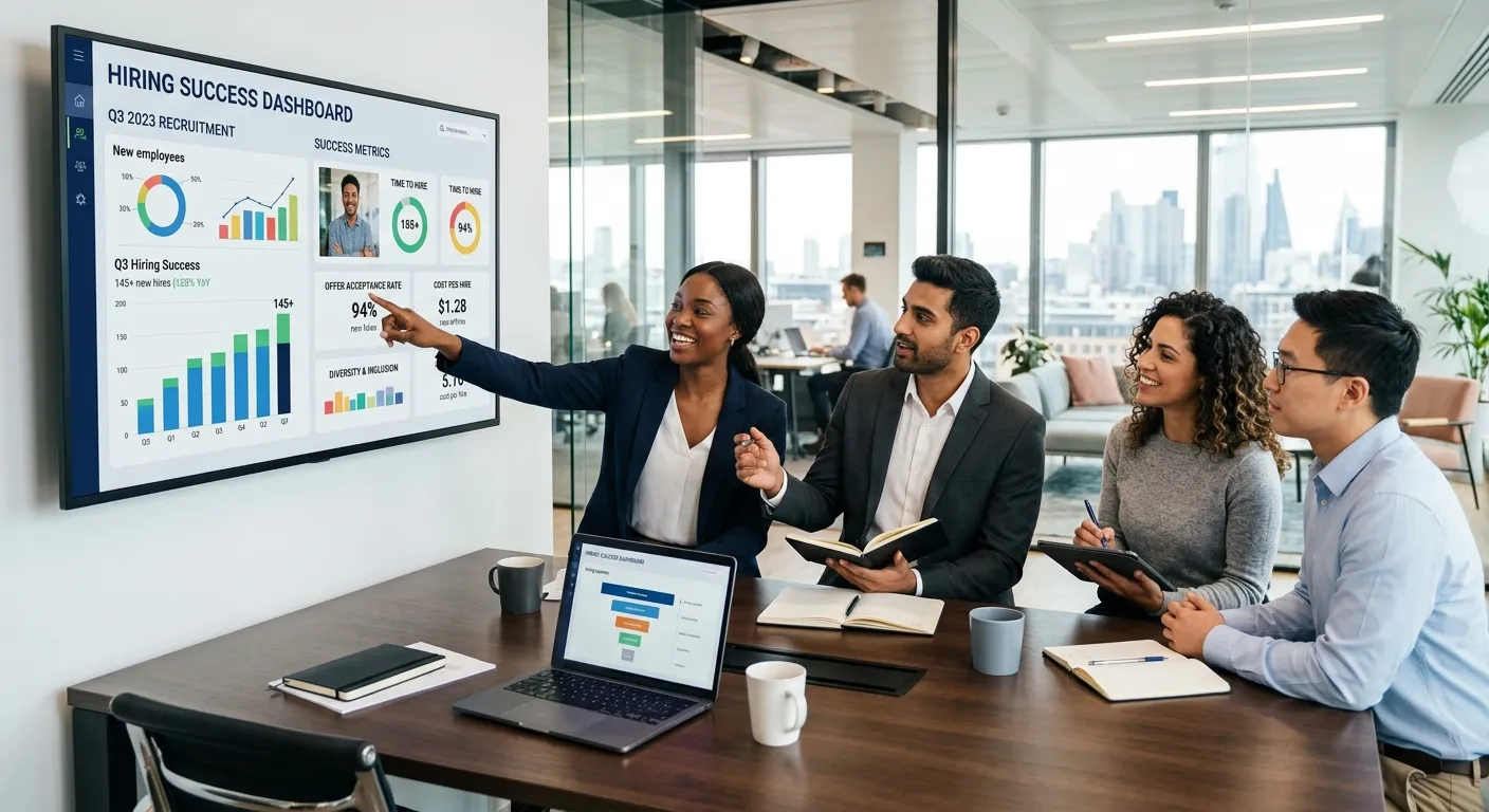 Modern, professional hero image showing a diverse team of professionals in a bright office collabora... Modern, professional hero image showing a diverse team of professionals in a bright office collaborating, with one person pointing to a data dashboard showing 'Hiring Success' metrics. Style: Corporate, optimistic, high-resolution. Mood: Innovative, successful, collaborative.