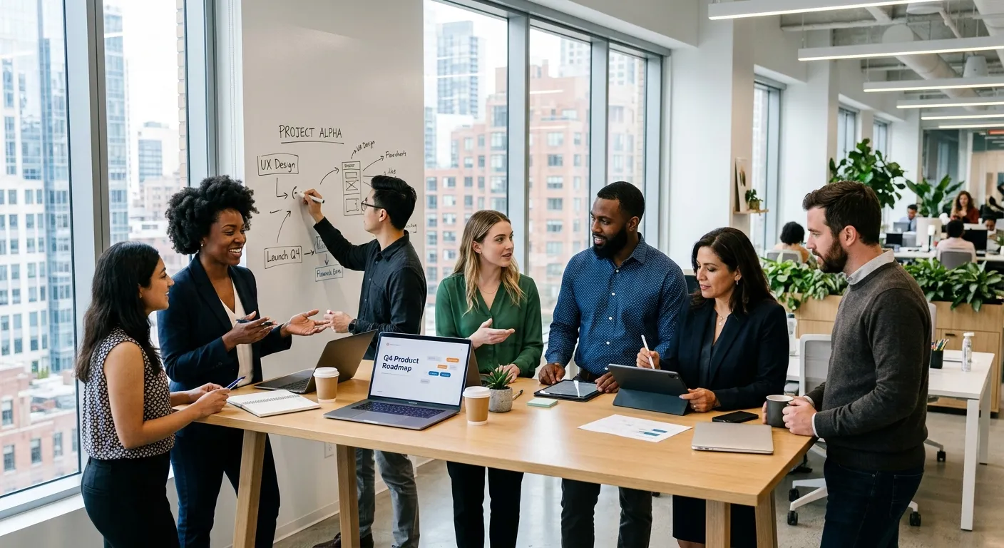 A diverse, modern team of professionals collaborating in a bright, open-plan office. Style is professional, dynamic, and forward-looking. Mood is innovative and collaborative.