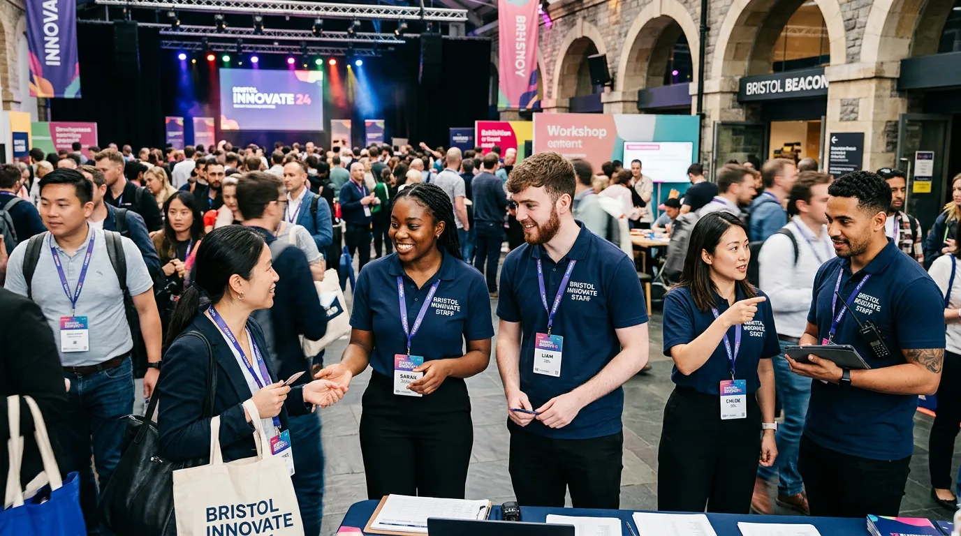 A dynamic, professional hero image showing a diverse team of event staff in action at a bustling conference or festival in Bristol. The style should be modern, vibrant, and energetic, with a focus on teamwork and professionalism.