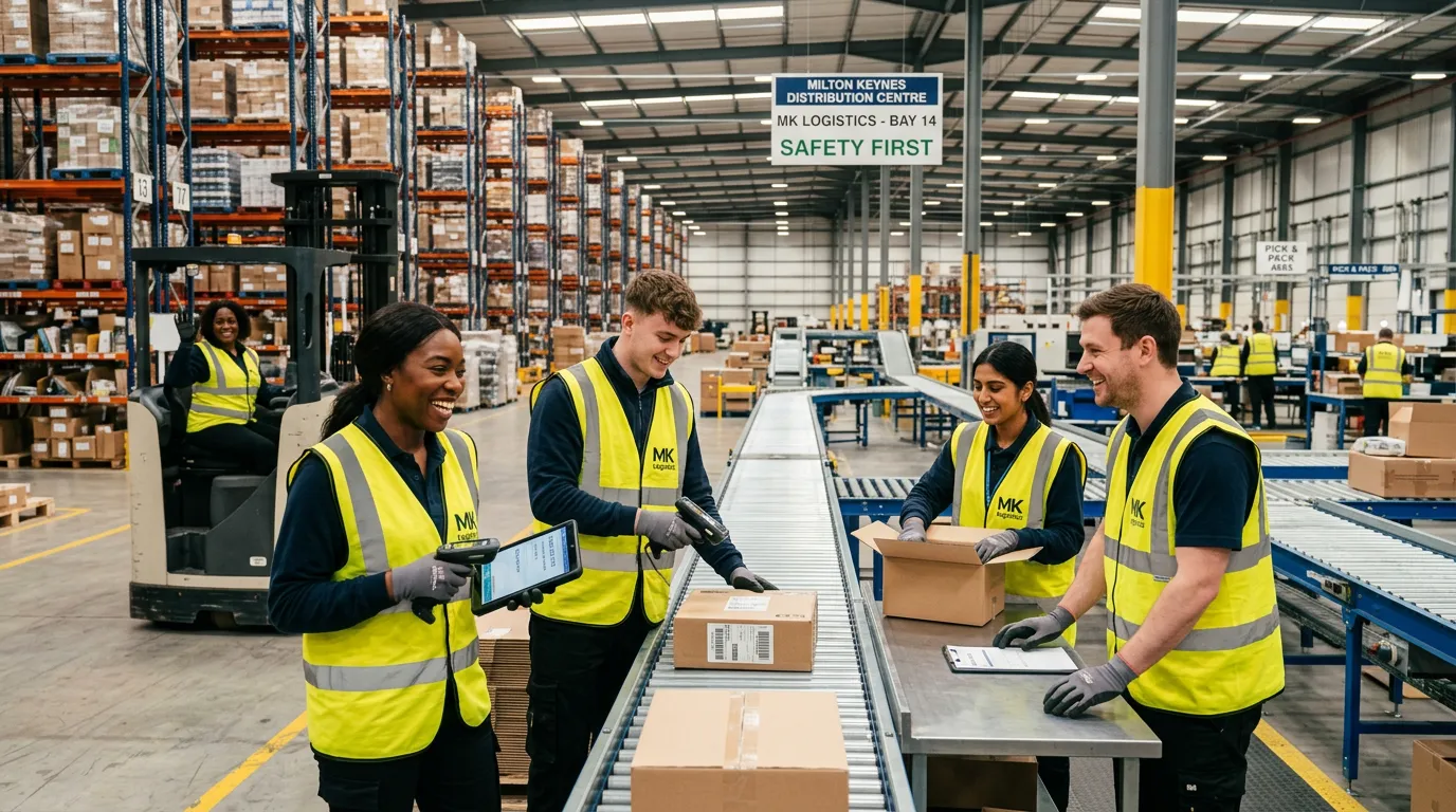 A dynamic, professional hero image showing a diverse team of warehouse operatives in a modern Milton Keynes distribution centre, smiling and collaborating. The image should convey energy, efficiency, and a positive work environment.