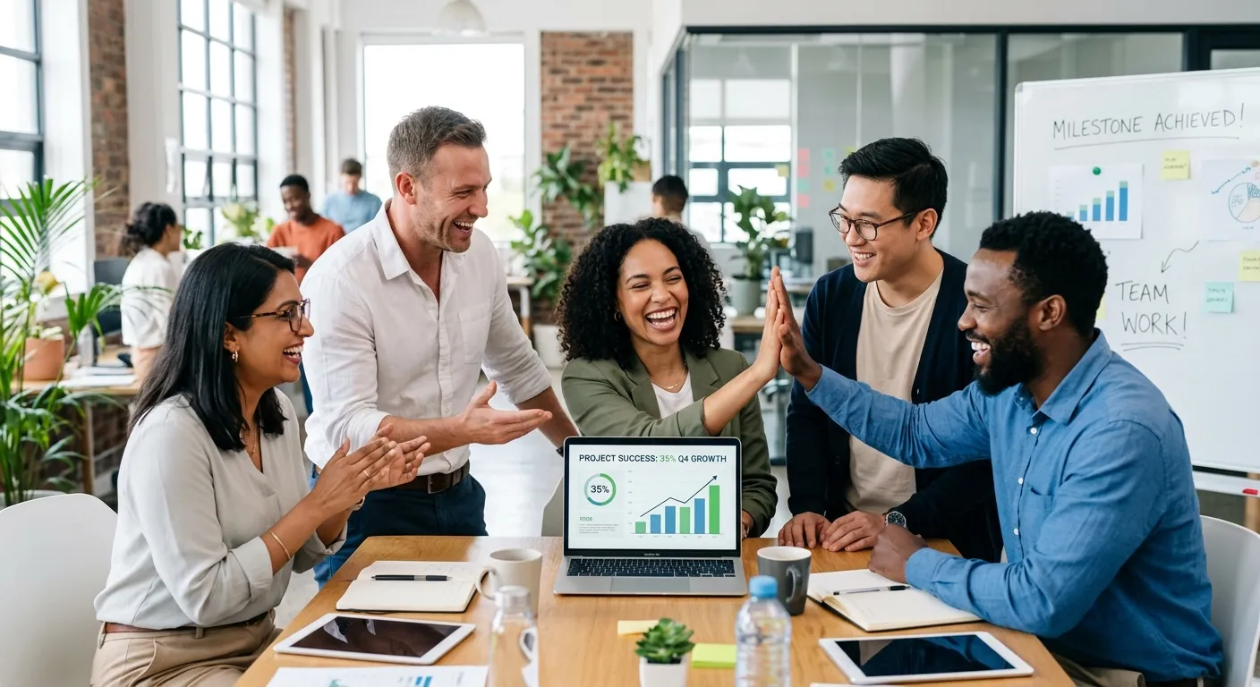 A diverse group of modern professionals collaborating in a bright, open-plan office. Focus on expressions of success and teamwork. High-resolution, professional stock photo.