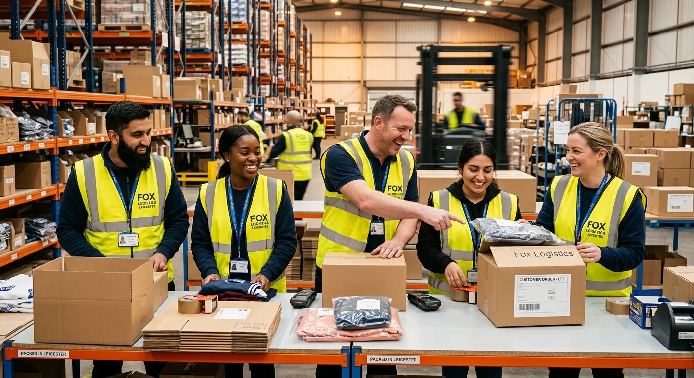 A professional, well-lit photograph of a diverse team of picker packers in a modern Leicester warehouse, smiling and collaborating. They are wearing hi-vis vests and are engaged in packing goods. Style: Authentic, professional, and welcoming.