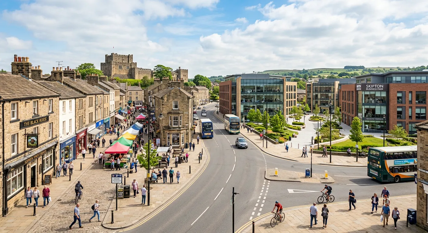 A professional, wide-angle hero shot of the historic Skipton High Street blending with a modern busi... A professional, wide-angle hero shot of the historic Skipton High Street blending with a modern business park, symbolising the town's traditional and contemporary employment sectors. Style: Vibrant, optimistic, with a focus on people and architecture.