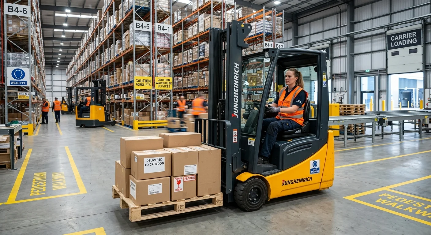 A professional forklift driver in a modern, busy Croydon warehouse, safely maneuvering a pallet of goods. The image should convey efficiency, safety, and industrial activity.