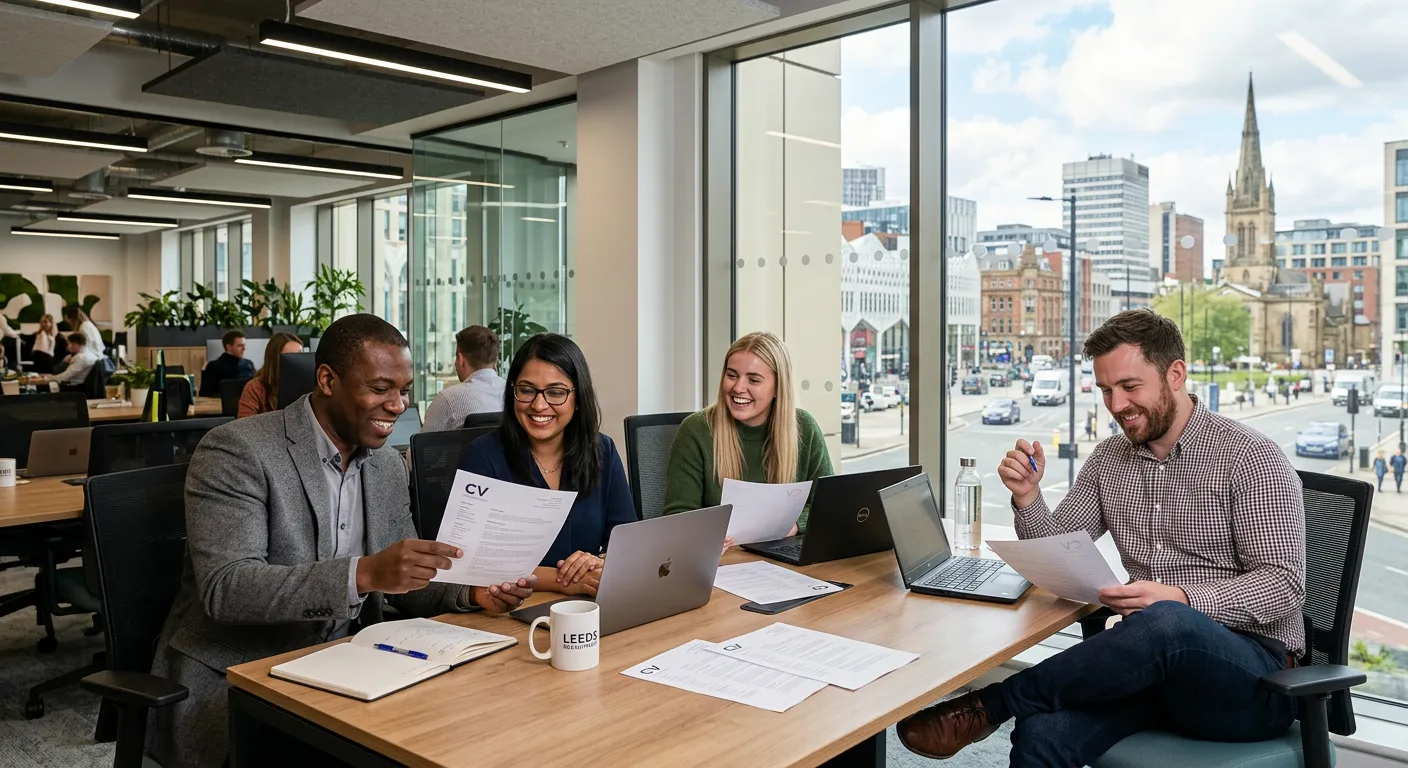 Professional, dynamic photo of a diverse recruitment team in a modern Leeds office, reviewing CVs and smiling, with the Leeds skyline visible through a window. Style: Authentic, bright, professional.