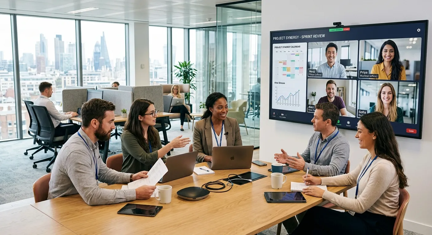 A dynamic, modern office scene showing a diverse team collaborating. A project manager on a laptop is seamlessly integrated with remote specialists on a large video call screen. Style: Professional, bright, and forward-looking with a focus on technology and human connection.