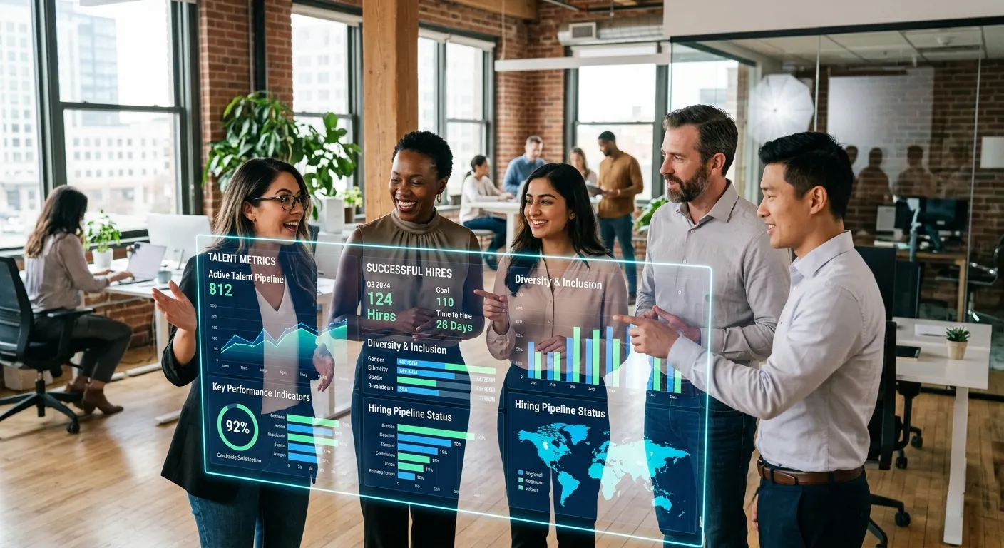 A diverse group of modern professionals in a bright, collaborative office setting, looking at a futuristic data dashboard showing talent metrics and successful hires. Style: Authentic, professional, forward-looking. Mood: Optimistic, innovative, and efficient.