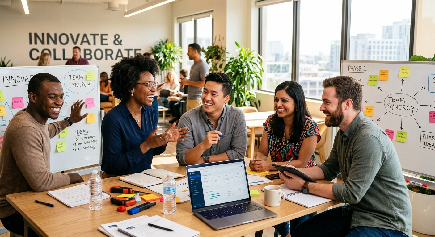 Hero image showing a diverse, modern team collaborating in a bright office space, with a focus on smiling faces and productive energy