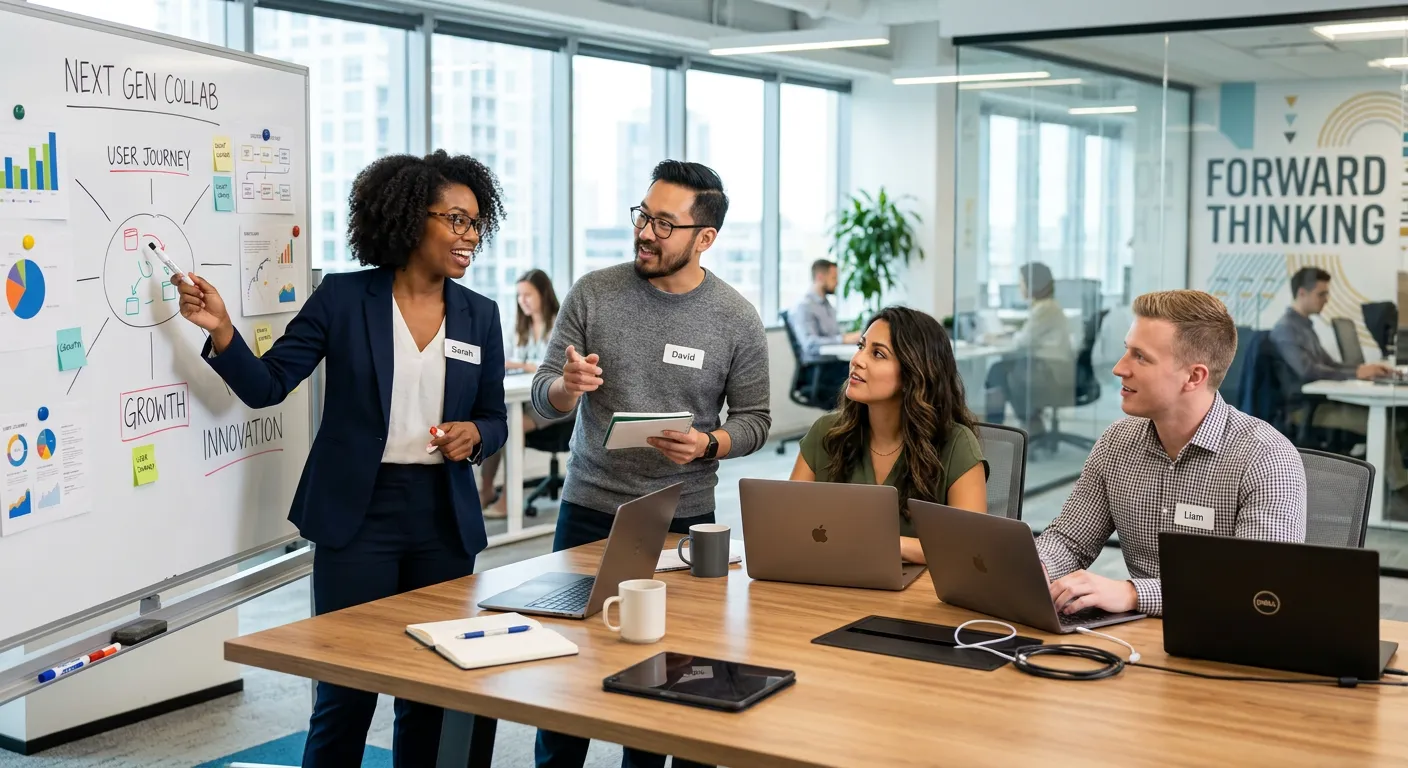 A diverse group of modern professionals collaborating in a bright, open-plan office, with laptops and whiteboards. Style is professional, dynamic, and forward-looking with a focus on teamwork and technology.