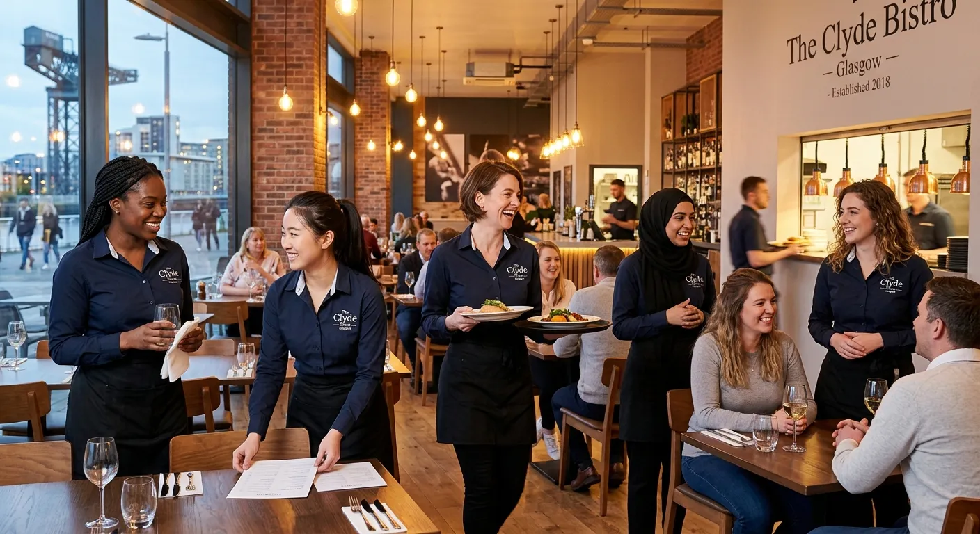 A professional, welcoming image of a diverse team of waitresses in smart uniforms, smiling and worki... A professional, welcoming image of a diverse team of waitresses in smart uniforms, smiling and working in a modern, well-lit restaurant or event space in Glasgow, conveying a sense of teamwork and opportunity.