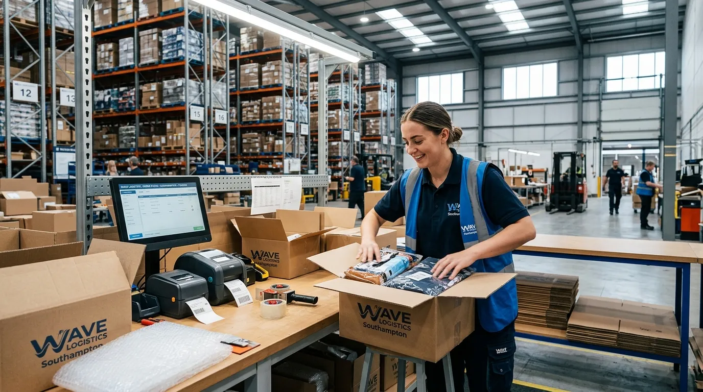 A dynamic, professional hero image showing a modern, well-lit warehouse packing station in Southampton. A focused worker is efficiently packing boxes against a backdrop of organised shelves. The mood is productive, modern, and aspirational.