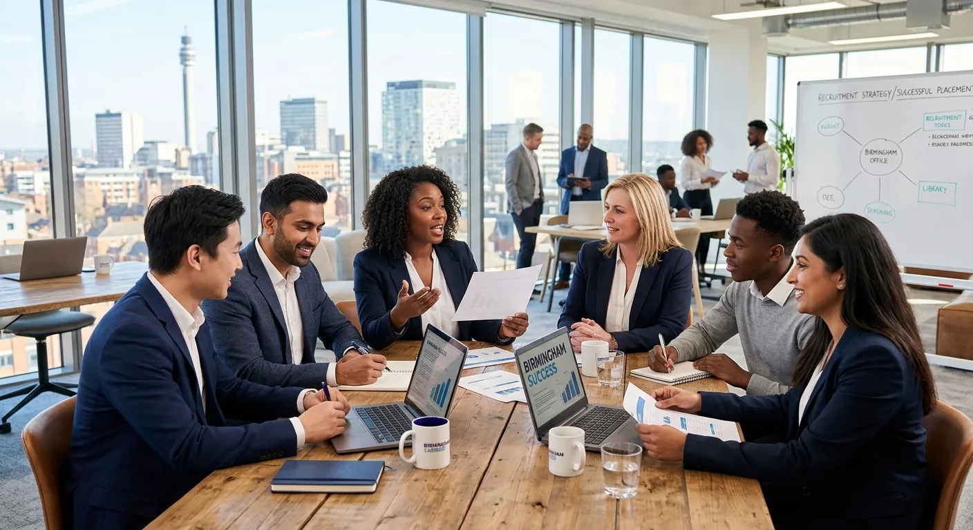 A professional, diverse group of people in a modern Birmingham office setting, engaged in a collaborative meeting or interview, representing successful recruitment and placement. Style: Bright, aspirational, professional.