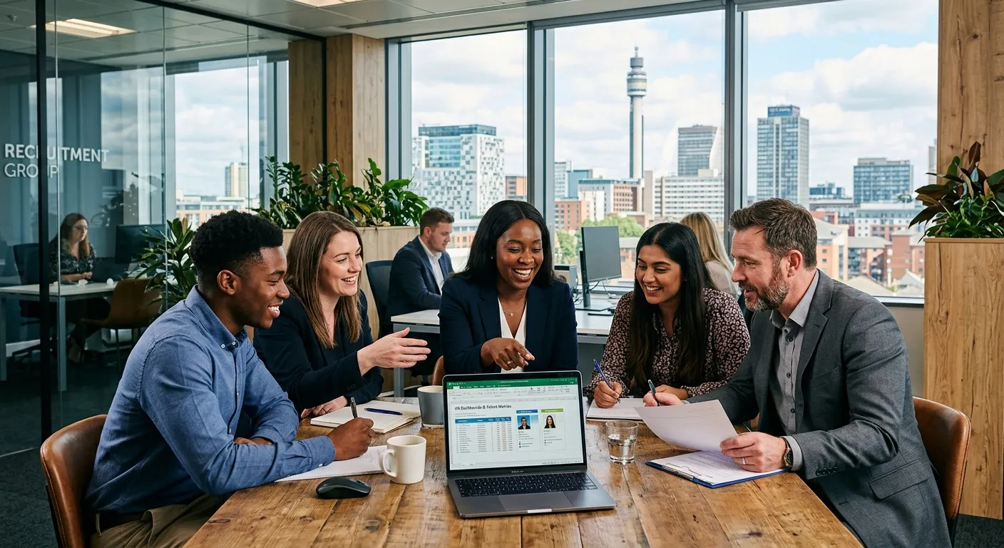 A professional, dynamic photo of a diverse team of recruiters and HR professionals in a modern Birmingham office setting, collaborating over a laptop and documents, with the Birmingham skyline visible through a window. The mood is energetic, professional, and connected.
