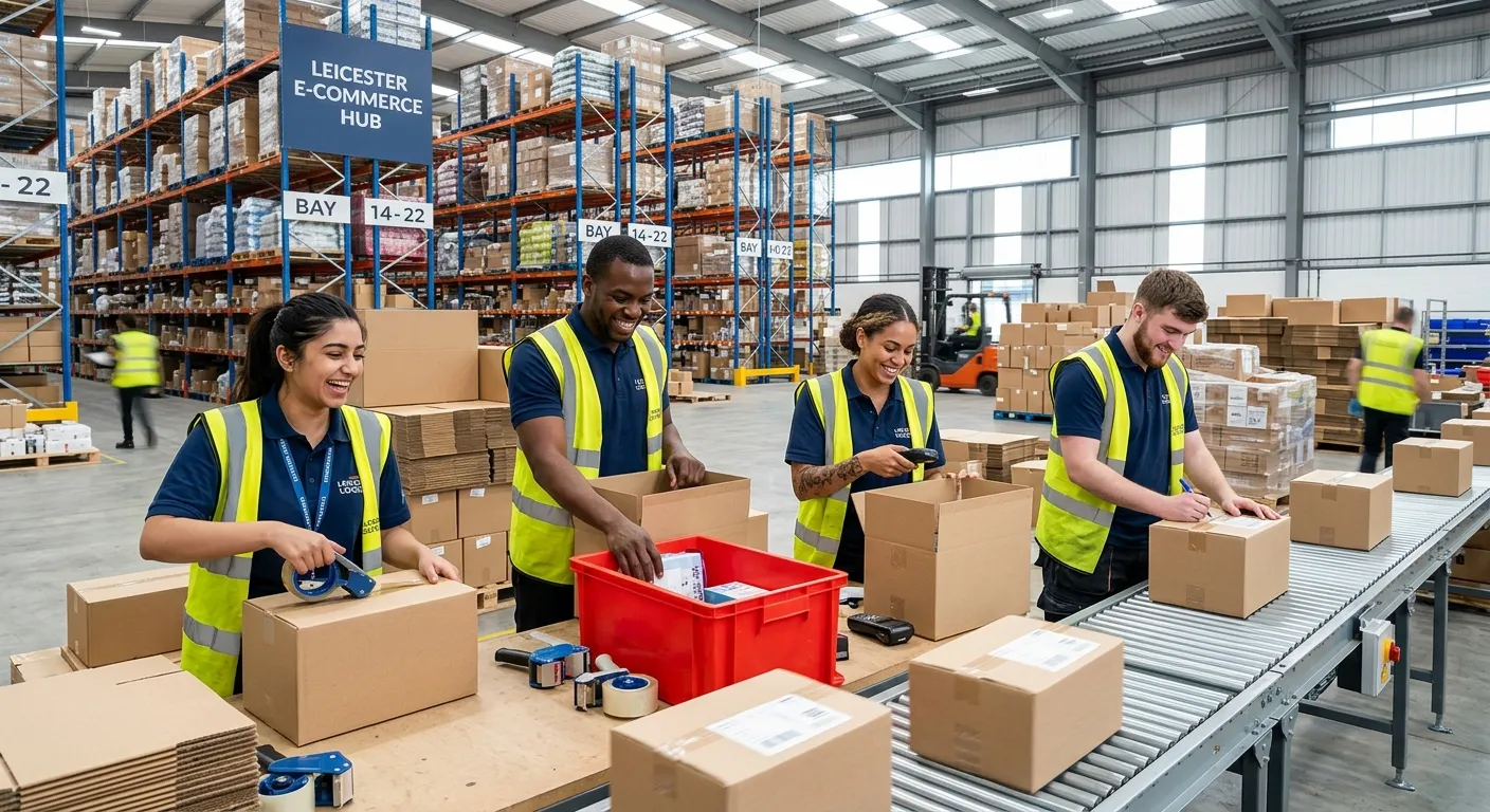 A dynamic, high-energy shot inside a modern, well-lit Leicester warehouse. A diverse team of picker packers is in action, smiling and focused, with a racking system and packed boxes in the background. The mood is professional, efficient, and positive.