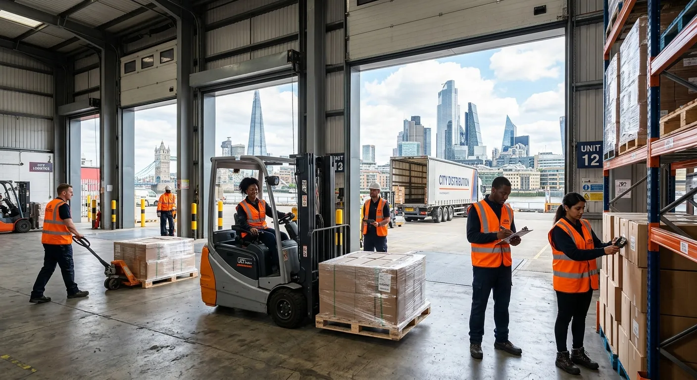 Professional hero image of a modern London warehouse interior, with a diverse team of workers in high-vis vests efficiently managing goods on a loading bay, with iconic London skyline visible through large warehouse doors. Bright, optimistic lighting, professional and energetic mood.