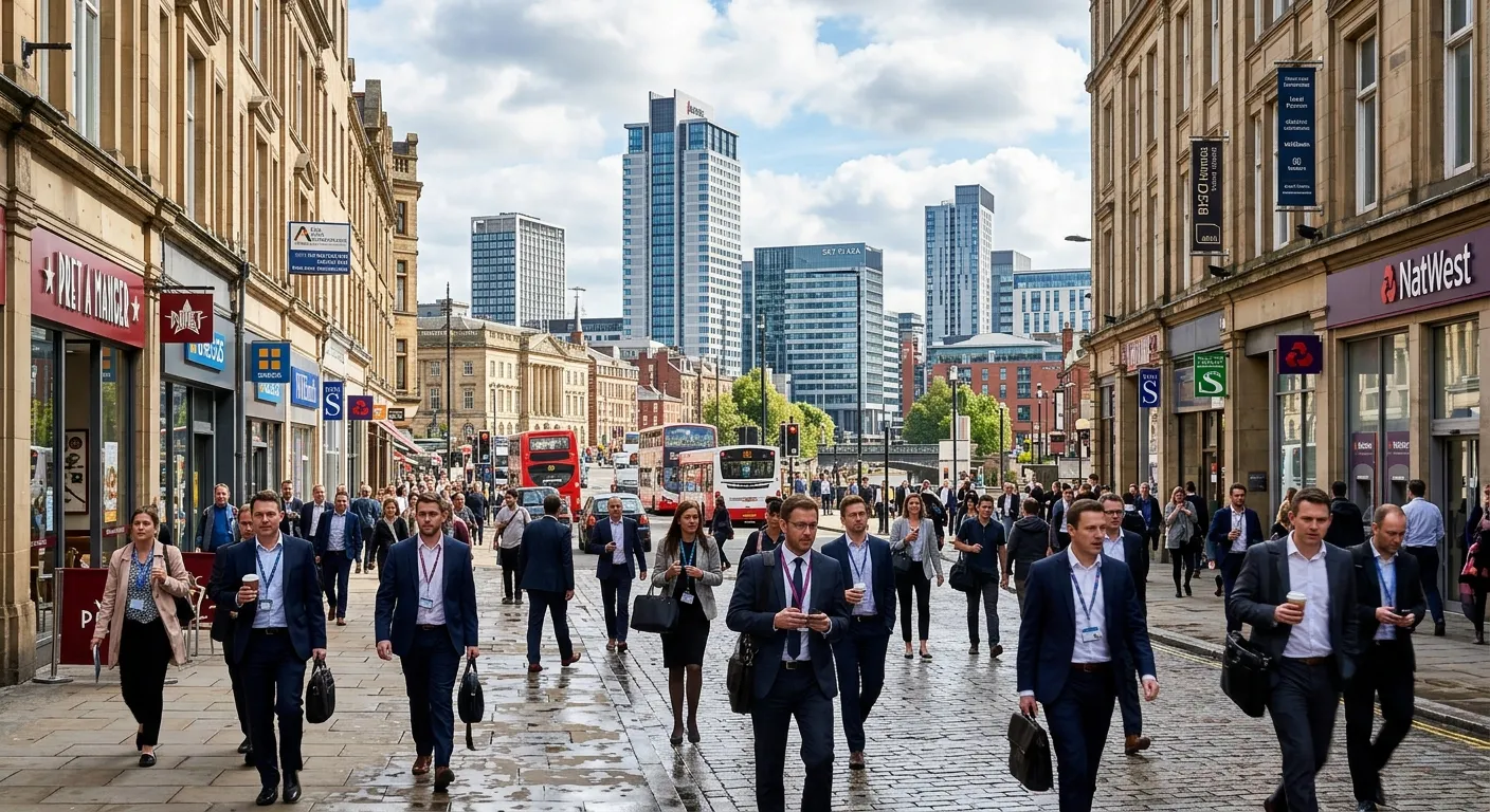 A dynamic, professional photo of Leeds city skyline blending modern office buildings like Bridgewater Place with busy workers on a commercial street, symbolizing opportunity and economic activity. Style: Modern, vibrant, professional.