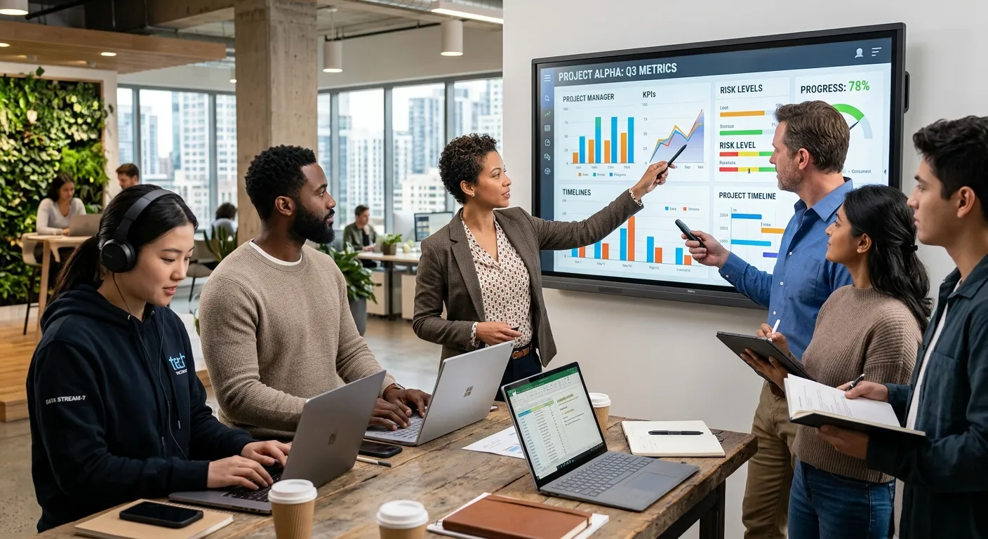 A dynamic, professional image of a diverse team collaborating in a modern office setting. A project manager points to a data-driven dashboard on a large screen, while augmented staff members contribute from laptops. Style: Modern, vibrant, and focused on teamwork and technology.