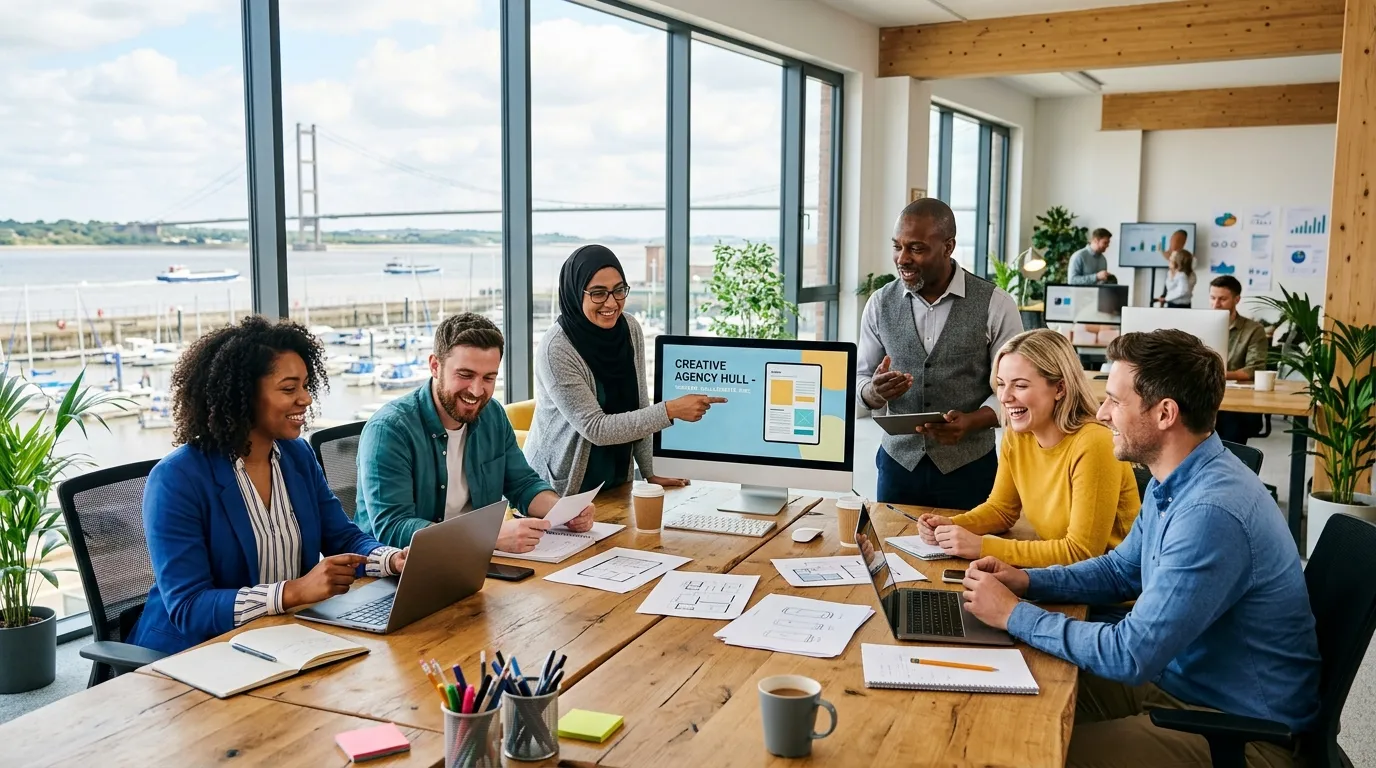 Modern, dynamic hero image showing a diverse group of professional agency workers collaborating in a bright, contemporary office space in Hull's waterfront area, with the Humber Bridge subtly in the background. Style: Professional, vibrant, optimistic. Mood: Energetic, collaborative, successful.