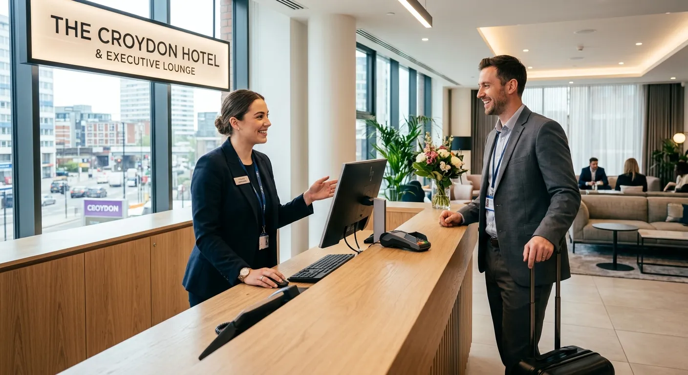 Professional, high-energy photo of a modern, bright hotel or corporate reception area in Croydon, wi... Professional, high-energy photo of a modern, bright hotel or corporate reception area in Croydon, with a friendly, well-dressed receptionist assisting a guest. Style: Clean, professional, inviting. Mood: Welcoming and efficient.